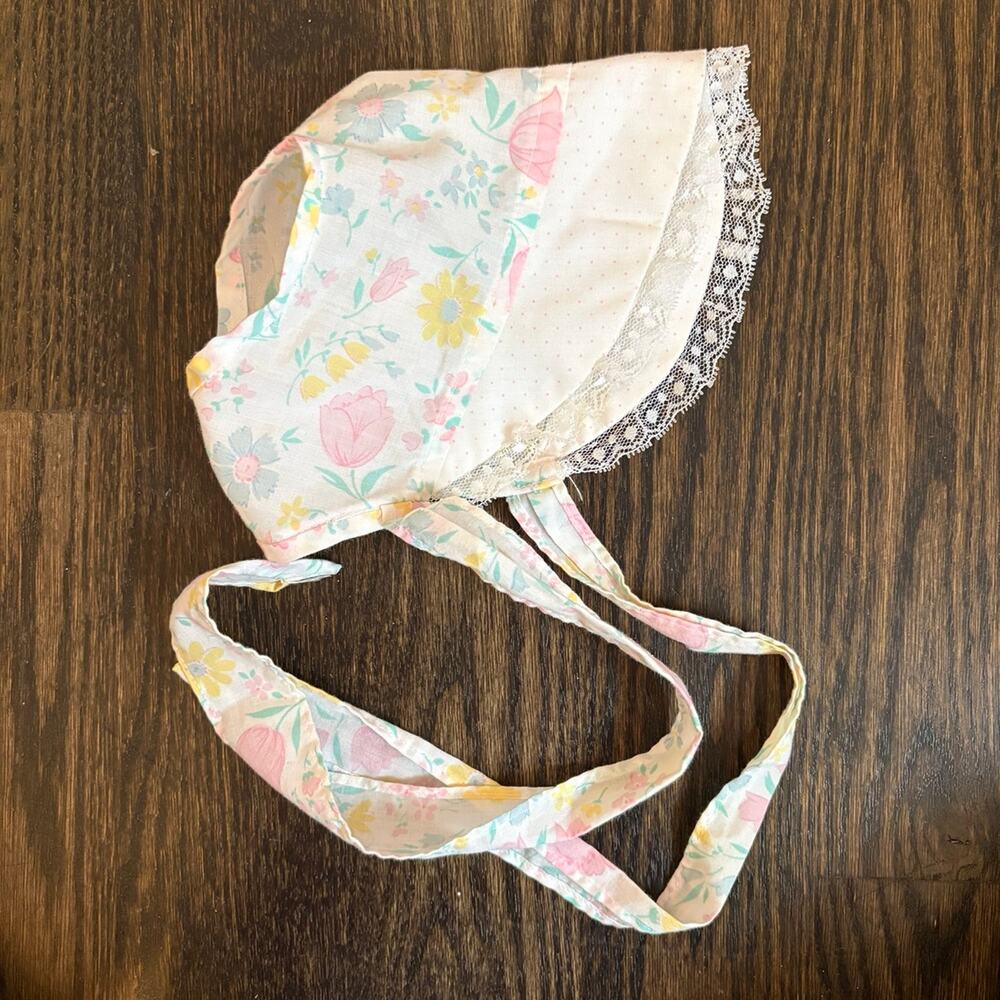 Baby Bonnet Hat Floral Lace Trim Ties